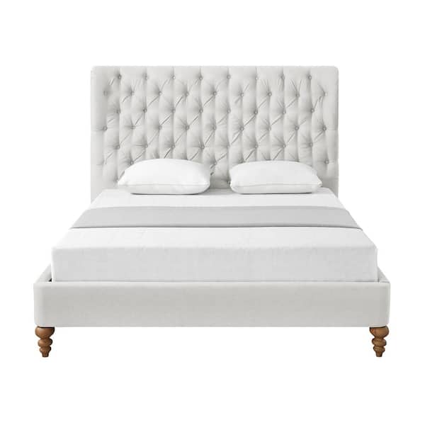 Rustic Manor Cream White Belrose Linen Twin Bed Frame with Tufted Headboard