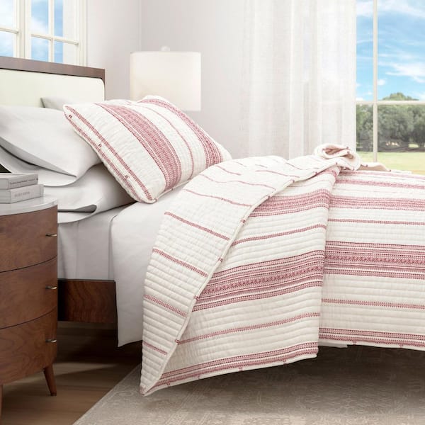 Red Farmhouse Inspired Striped Reversible Quilt Set (2 or 3-Piece)