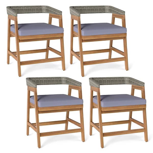 Acacia Wood Outdoor Dining Chair Patio Chairs with Gray Cushion for Garden (4-Pack)