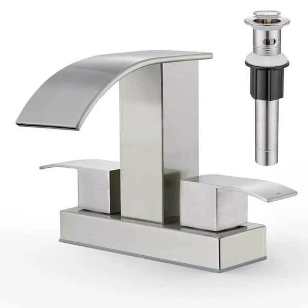 4 in. Centerset Double-Handle Waterfall Spout Bathroom Vessel Sink Faucet with Drain Kit Included in Brushed Nickel