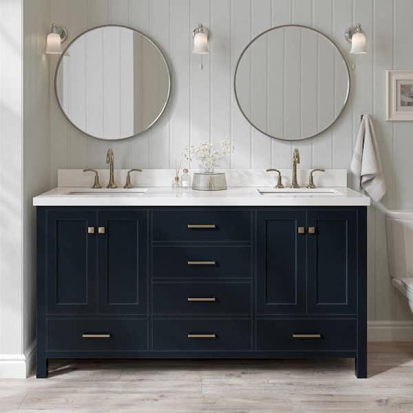 ARIEL Cambridge 67 in.W x 22 in.D x 36 in.H Double Bath Vanity in Midnight Blue with Pure White Quartz Top with White Basin