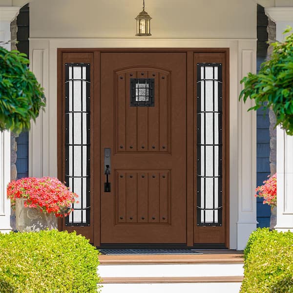 Regency 64 in. x 80 in. 2Panel Plank Cavalier Speakeasy RHIS Chestnut Fiberglass Prehung Front Door w/Cav Dbl 12in.SL