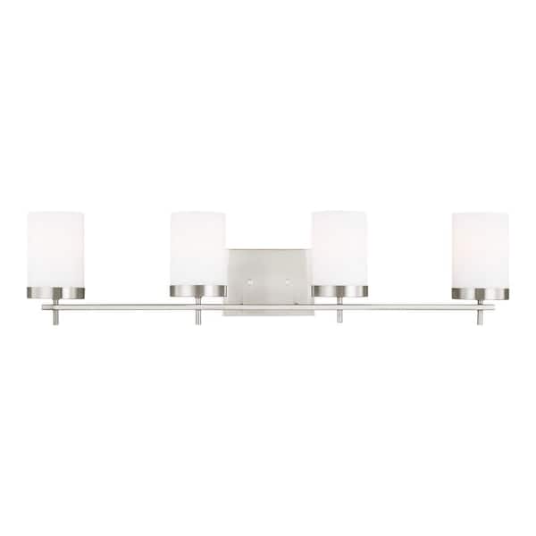 Studio Zire 34 in. W 4-Light Brushed Nickel Vanity Light with Etched White Glass Shades with LED Bulbs