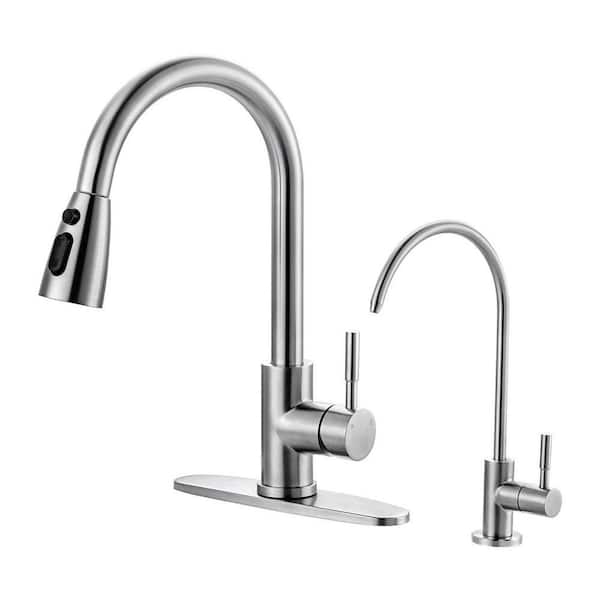 15.3 in. Single Handle Pull Down Sprayer Kitchen Faucet with 360° Spout Swivel in Brushed Nickel