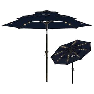 9 ft. 3 Tiers Aluminum Solar Led Market Umbrella Outdoor Patio Umbrella with Tilt and 32 LED Lights in Navy Blue