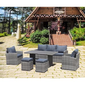 6-Piece Wicker Patio Outdoor Dining Set with Gray Cushions