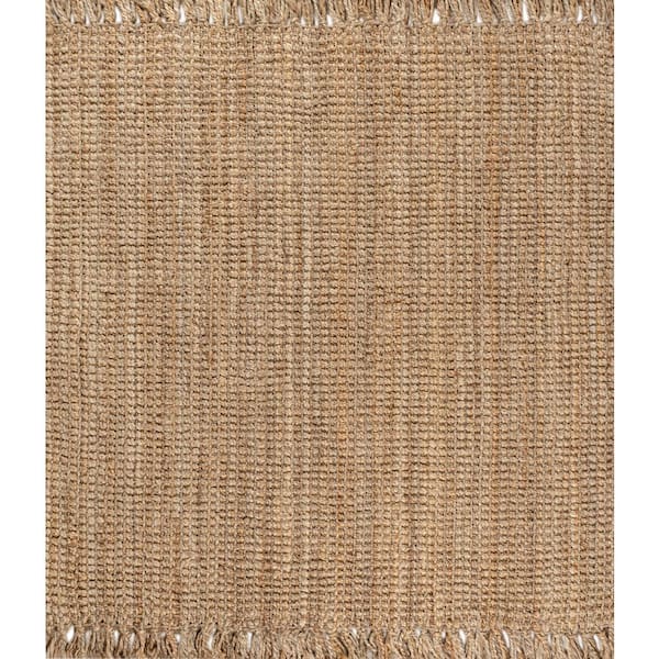 Natural 6 ft. Square Pata Hand Woven Chunky Jute with Fringe Area Rug