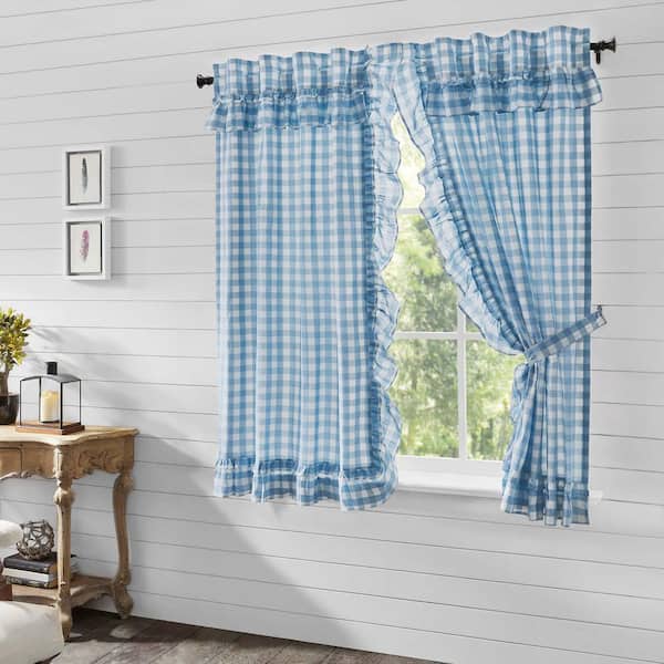 VHC BRANDS Annie Buffalo Check 36 in W x 63 in L Ruffled Light Filtering Rod Pocket Window Panel in Blue White Pair