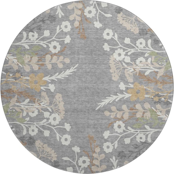 Mayfield Premium Machine Washable Abstract AMF2334 Gray 8 ft. x 8 ft. Round Rug
