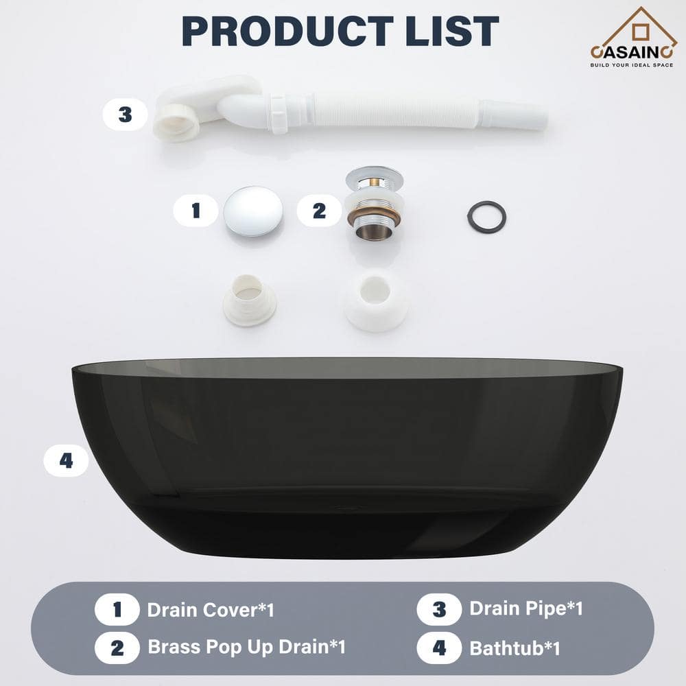 67'' x 30'' Black Transparent Resin Freestanding Soaking Bathtub