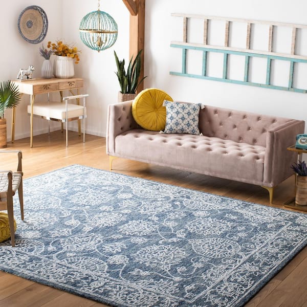 Metro Natural/Blue 8 ft. x 10 ft. Border Floral Area Rug