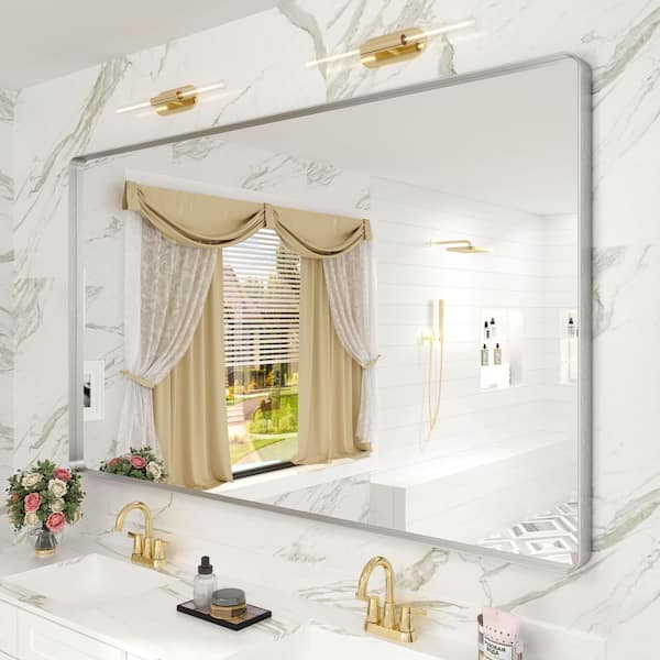 Apmir 60 in. W x 36 in. H Rectangular Aluminum Alloy Framed and Tempered Glass Wall Bathroom Vanity Mirror in Brushed Silver
