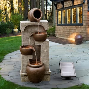 28.5 in. Gray Solar Powered Stone-Look Tiered Wall Fountain with Bowls and Pots