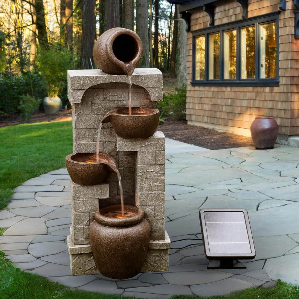 28.5" Brown Stone-Look Solar Powered 4-Tier Water Fountain