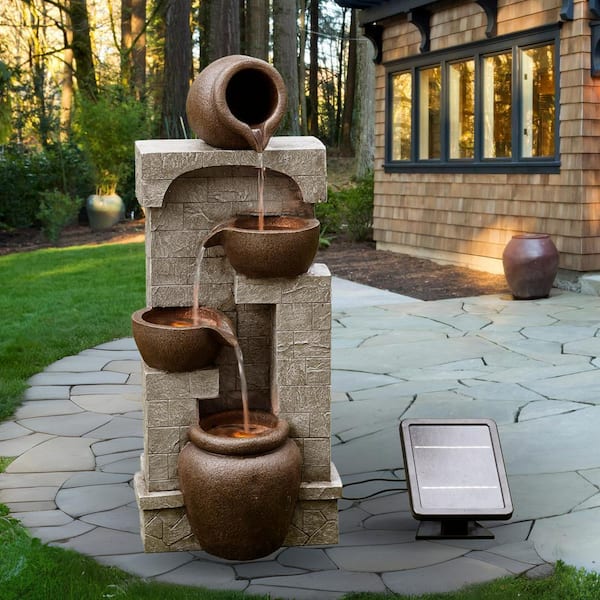 28.5 in. Gray Solar Powered Stone-Look Tiered Wall Fountain with Bowls and Pots