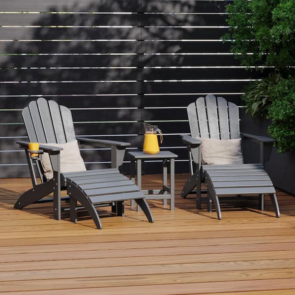 Aderson Gray 5-Piece Outdoor Plastic Adirondack Chairs w/ Cupholders, Side Table, Ottoman Patio Conversation Set