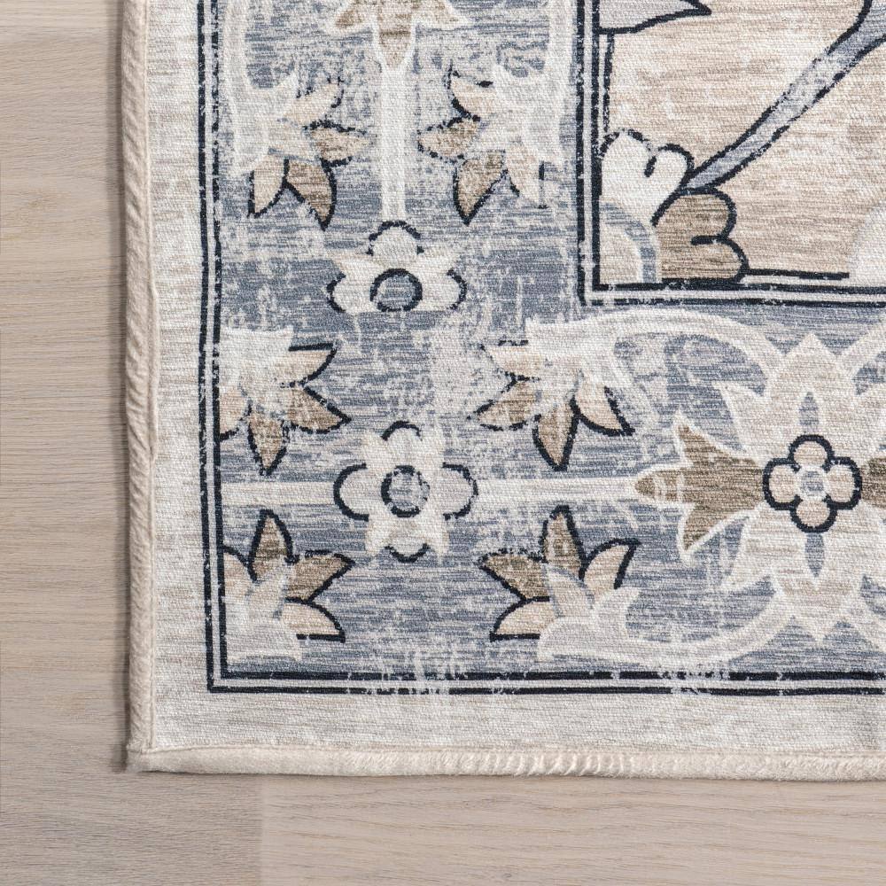 Gray Floral Cotton Synthetic Washable Round Area Rug