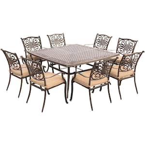 Traditions 9-Piece Aluminium Square Patio Dining Set with Eight Stationary Dining Chairs and Natural Oat Cushions
