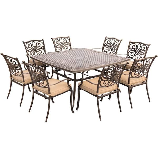 Hanover Traditions 9-Piece Aluminium Square Patio Dining Set with Eight Stationary Dining Chairs and Natural Oat Cushions