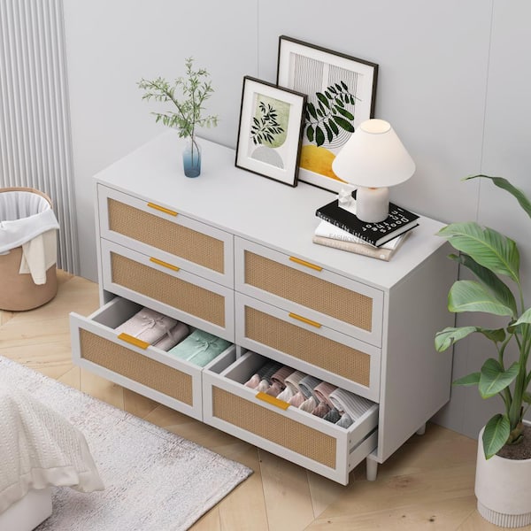 boho 6 drawer dresser BALHAM TRADE-Set of 2 Rattan 6 Drawer 48" Wide Boho Bedroom Dresser Wooden  with Metal Handle Natural Wood-2-6 Drawers 15.5"D x 96"W x 30"H