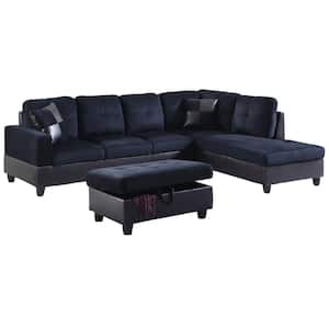 3-Piece Midnight Blue Microfiber 4-Seater L-Shaped Right-Facing Chaise Sectional Sofa with Ottoman