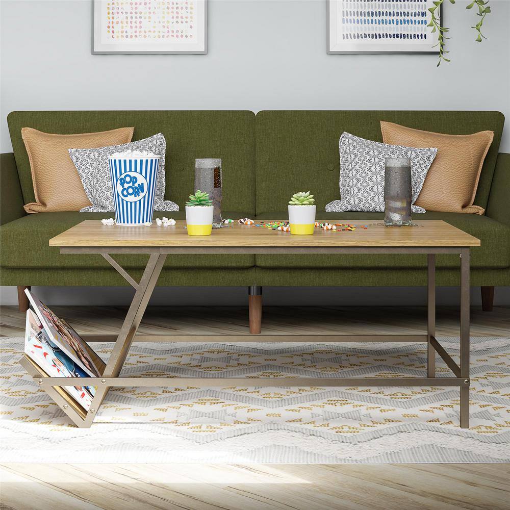 Regal Light Walnut Woodgrain Coffee Table with Bronze Metal Frame