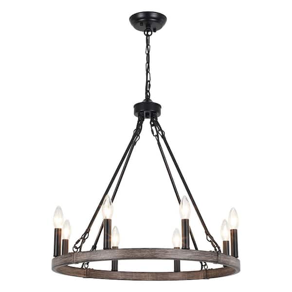 8-Light Black and Imitation Wood Grain Candle Style Wagon Wheel Chandelier Farmhouse Vintage Pendant Light