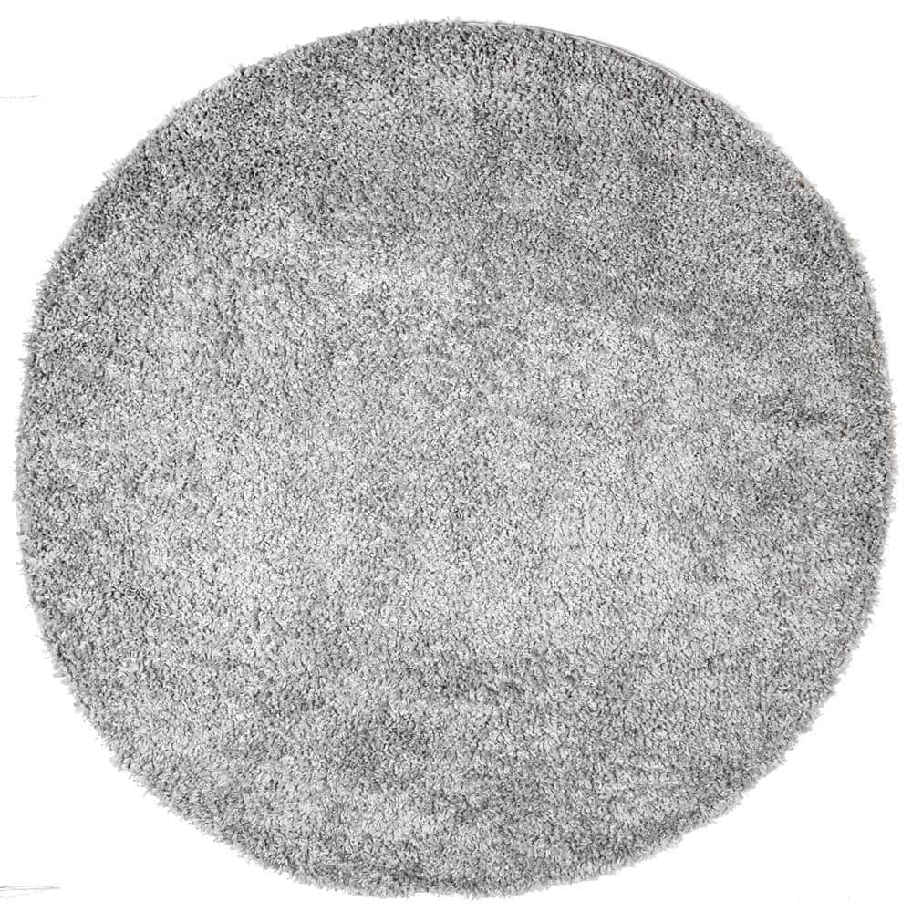 Luxurious Gray Solid Shag Round Synthetic Rug - Easy Care