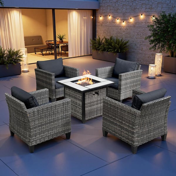 Camden 5-Piece 4-Seat Gray Wicker Outdoor Patio Conversation Set with Square 50000 BTU Fire Pit and Black Cushion