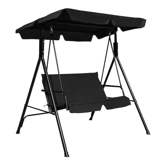 Costway 2-Person Steel Frame Patio Canopy Swing Glider with Black Cushion Hammock Cushioned Steel Frame