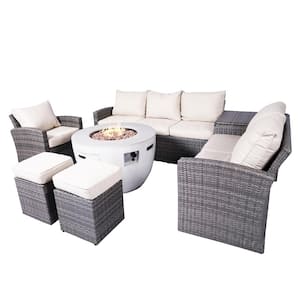Vivian II 7-Pieces Rock and Fiberglass Fire Pit Table with Gray Wicker Conversation Set with Gray Cushions