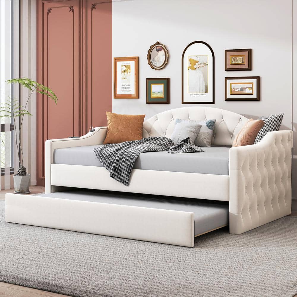 Harper & Bright Designs Beige Velvet Twin Size Tufted Upholstered ...