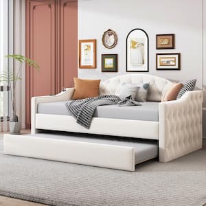 Beige Velvet Twin Size Tufted Upholstered Daybed with Trundle, USB, and Type-C Charging Ports