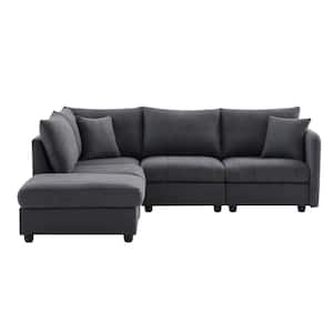 89 in. Square Arm Fabric L-shaped Sofa with Vertical Stripes in. Dark Gray