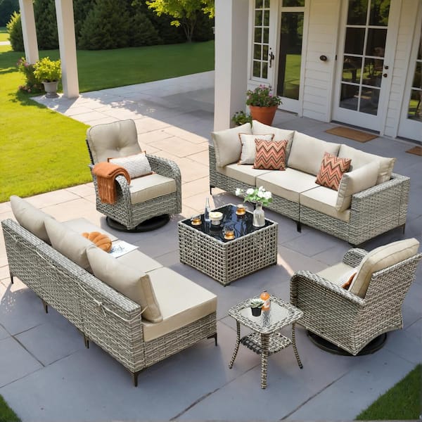 Holston 10-Piece Wicker Outdoor Patio Conversation Sofa Sectional Set with Swivel Rocking Chairs and Beige Cushions