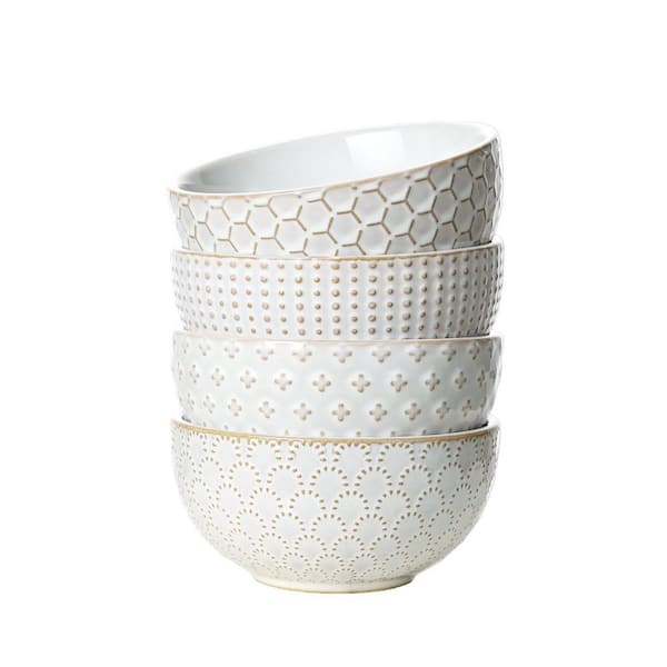 12 fl. oz. Arctic White Ceramic Embossment Stoneware Dessert Bowl for Ice Cream Fruits Side Dishes (Set of 4)