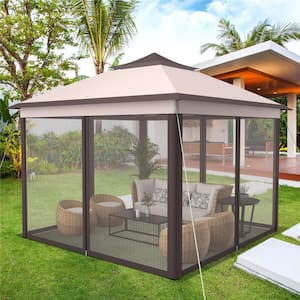 11 ft. x 11 ft. Beige 2-Tier Pop-Up Gazebo Tent Portable Canopy Shelter Carry Bag Mesh