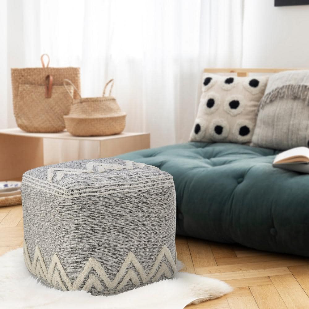 Gray and Ivory Tufted Geometric Square Pouf, 16"
