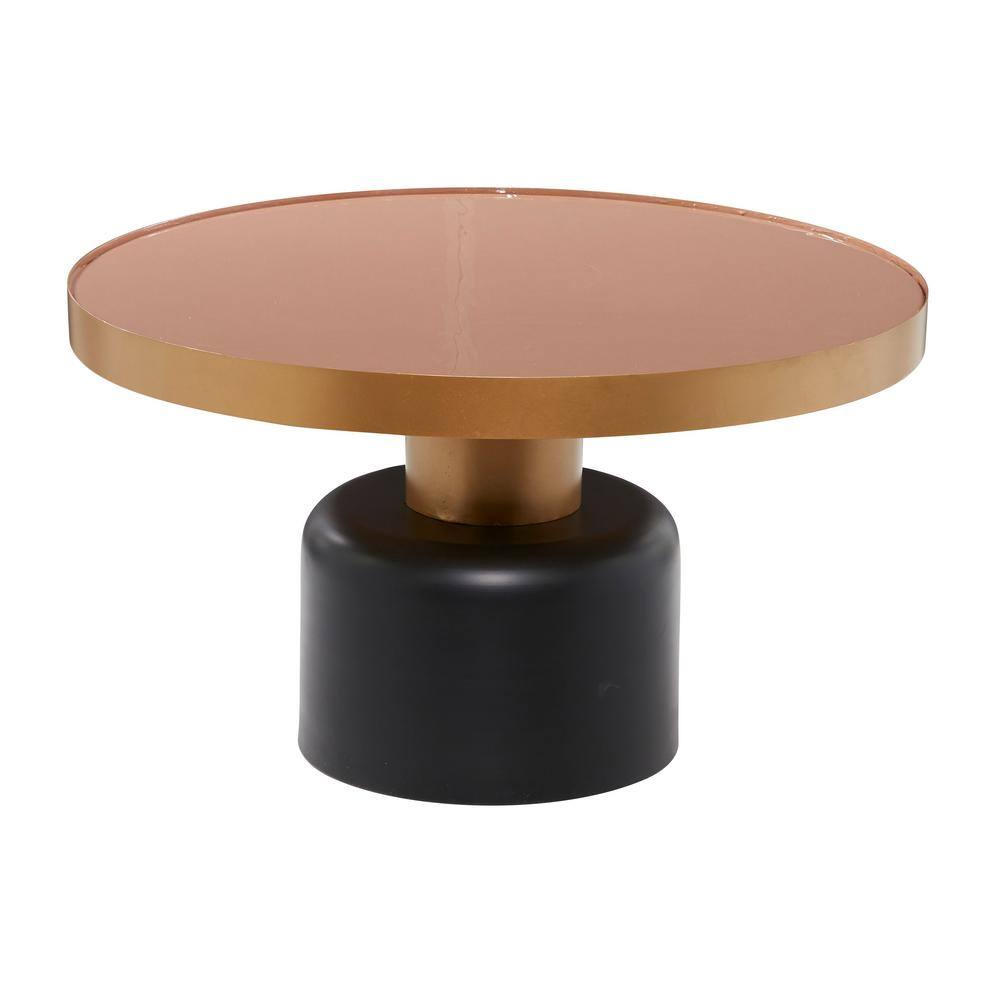 Elegant Gold and Black Round Metal Coffee Table with Enamel Inlay