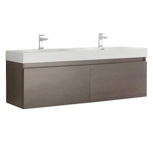Mezzo 60 in. Modern Wall Hung Bath Vanity in Gray Oak with Double Vanity Top in White with White Basins