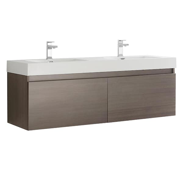 Fresca Mezzo 60 in. Modern Wall Hung Bath Vanity in Gray Oak with Double Vanity Top in White with White Basins