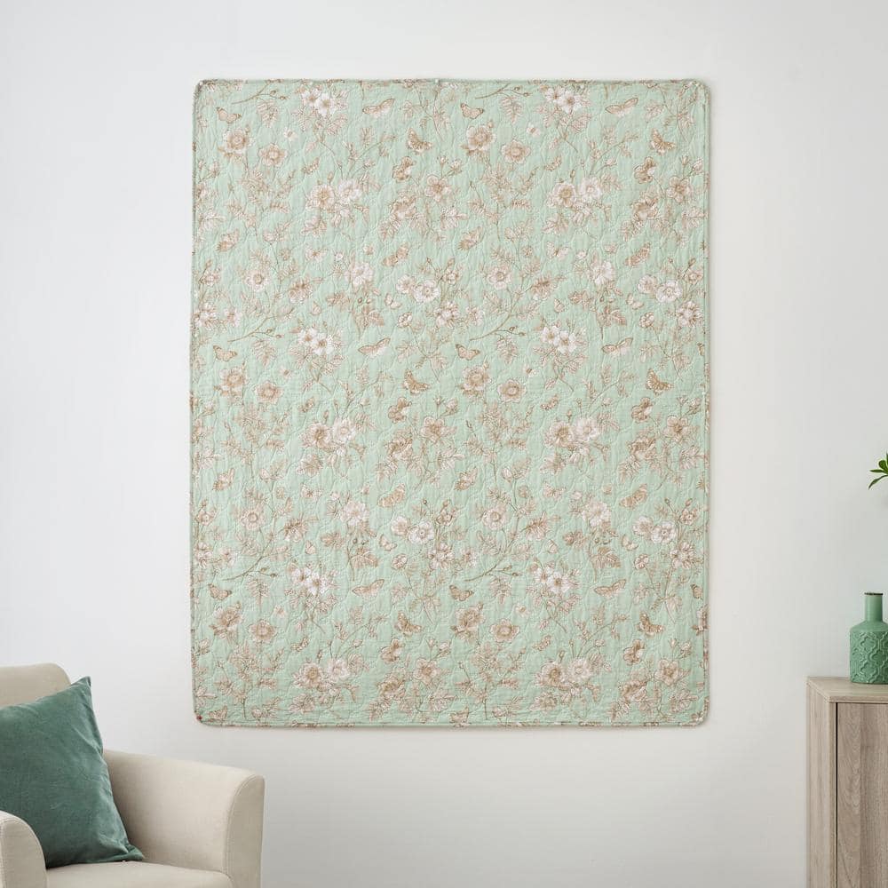 Olivia Mint Green Floral Cotton Reversible Throw Blanket