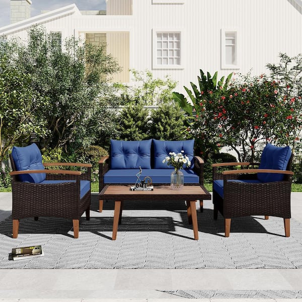 Unbranded 4-Piece Brown Wicker Outdoor Garden Furniture Patio Sectional Set with Blue Cushions and Wood Table and Legs