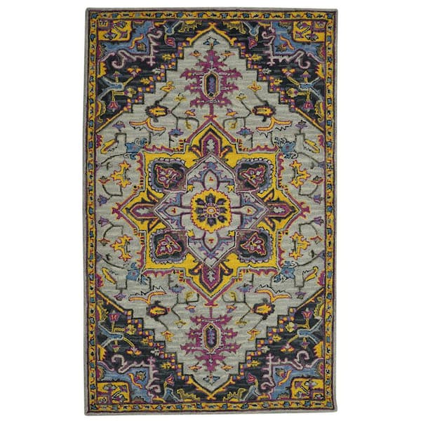 8 ft. x 10 ft. Gray Purple And Gold Wool Medallion Hand Tufted Area Rug