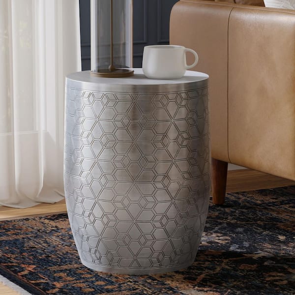 Johnsen 15 in. Round Boho Geometric Pattern Metal Accent Table in Antique Silver Iron, Assembled