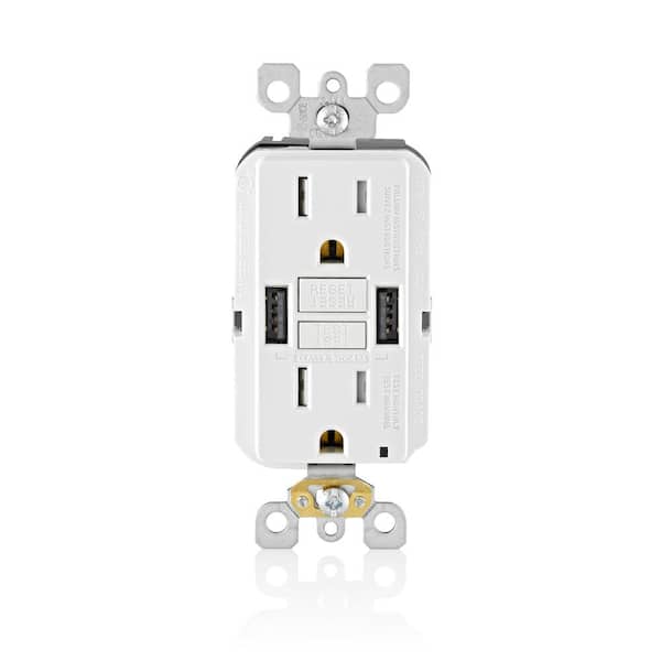 15 Amp Smartlock Pro Self-Test GFCI Combination 24-Watt (4.8 Amp) Type A USB In-Wall Charger Duplex Outlet, White