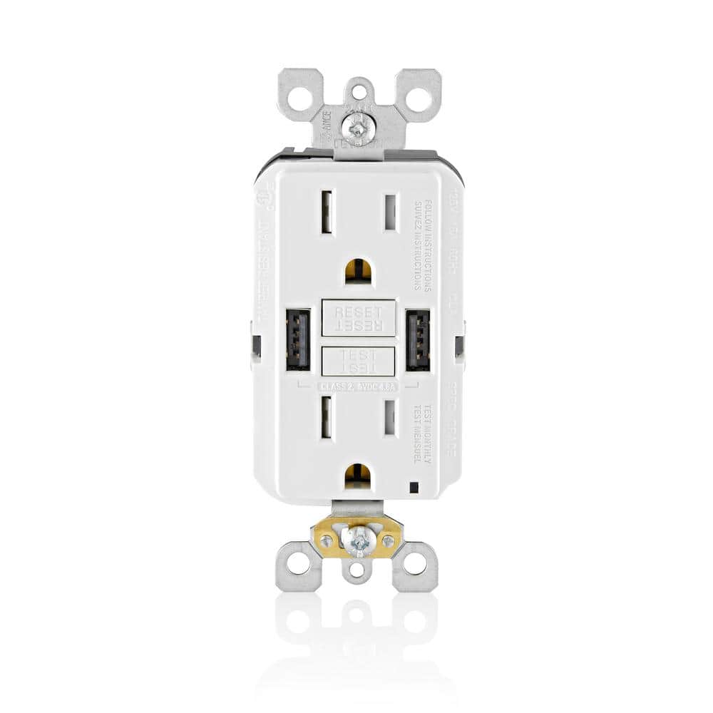 Leviton 15 Amp Smartlock Pro Self-Test GFCI Combination 24-Watt (4.8 Amp) Type A USB In-Wall Charger Duplex Outlet, White