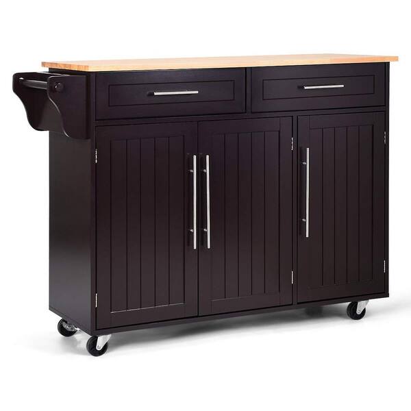 Bunpeony Brown Wood 48 in. Kitchen Island Cart with Knife Block and