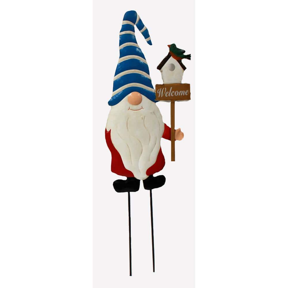 30.5 in. Metal Gnome with Bird Garden Stake with Solar Led Lights