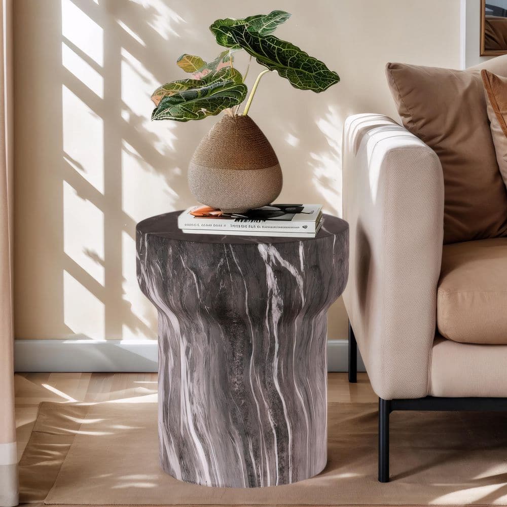 Modern Marble 15.55 in Round Magnesium Oxide End Table with Cylindrical Design - thumbnail 2